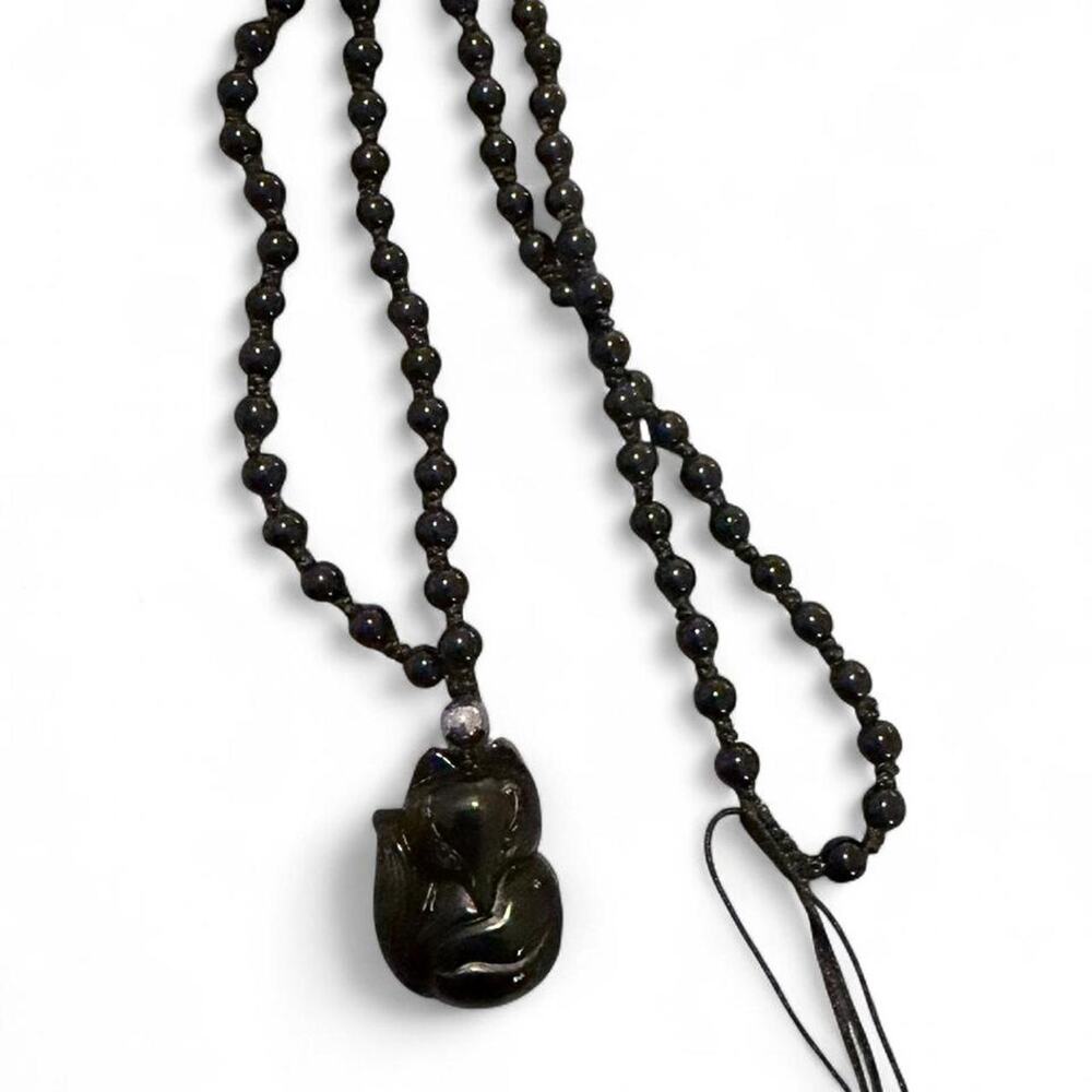 Black onyx fox necklace with black beads